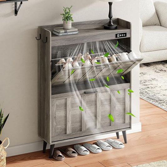 ChooChoo Shoe Storage Cabinet with 2 Flip Drawers, Deodorizing Shoe Organizer Storage for Entryway, Freestanding Hidden Slim Narrow Shoe Rack Cabinet, Grey