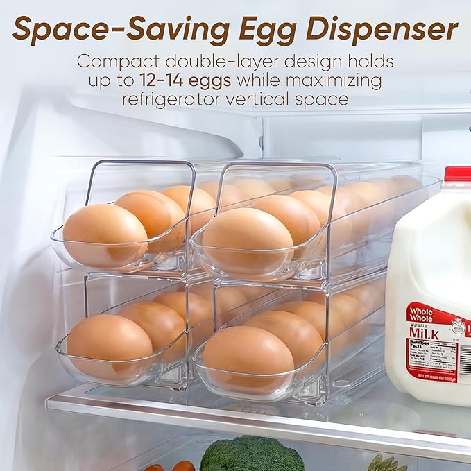 theaoo Auto Rolling Egg Dispenser for Refrigerator with Quick Removable Inner Tray, Space-Saving Egg Organizer and Holder, Egg Storage Container for Fridge, Easy to Load and Grab Eggs (2 Pack)