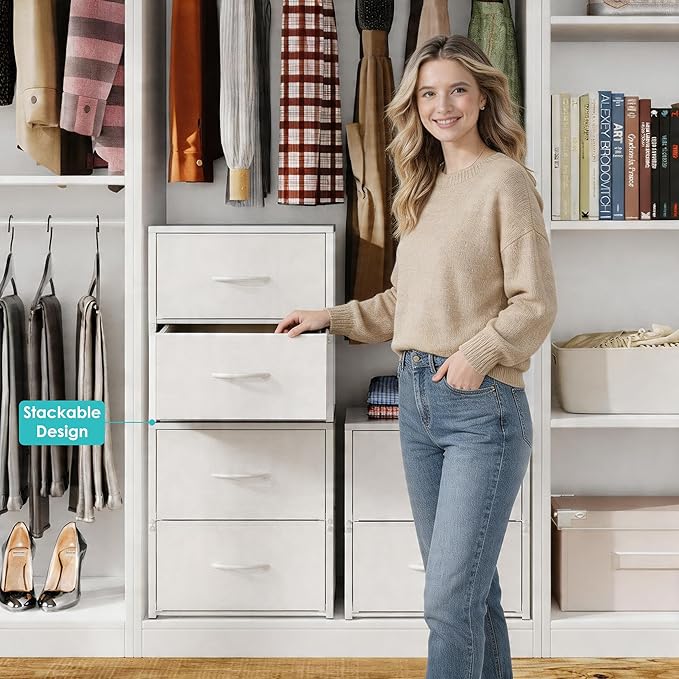 2 Pack Stackable Storage Closet Drawers, White Closet Organizers and Storage, Small Drawers for Closet with Wooden Top & Metal Frame, 2 Tier Modern Short Dresser for Bedroom,Dorm,Living Room, Office