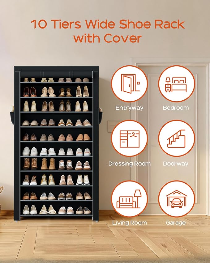 CASAMAYA Shoe Rack with Covers, 10 Tiers Tall Shoe Rack Organizer, Large Capacity Shoe Shelf Storage, Hold 30 Pairs of Shoes, Vertical Shoe Storage Organizer for Closet, Entryway, Black, SRT103B01