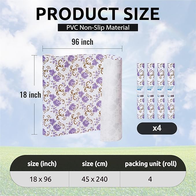 18X96 Inch Shelf Liner for Kitchen Cabinets, PVC Drawer Liner for Dresser Non-Slip Bathroom, Non-Adhesive Cabinet Liner Washable (Purple Floral)(4 Roll)