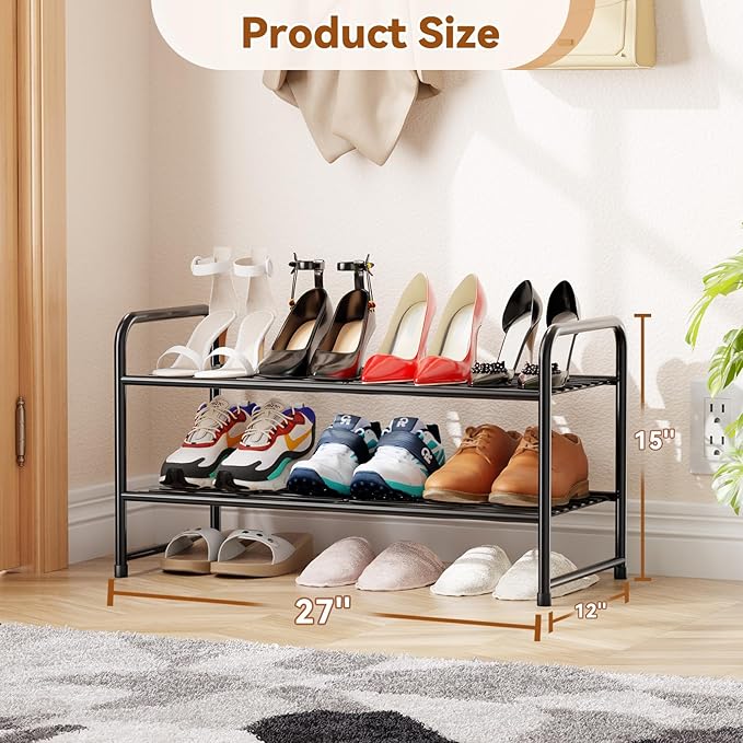 2 Tier Shoe Rack, Closet Metal 27 Inch Shoe Shelf Organizer for Entryway, Garage, Stackable, Black