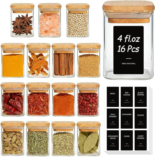 ComSaf Spice Jars with Label 4oz 16 Pack, Glass Spice Jars with Bamboo Lid, Mini Seasoning Containers with 54 Black Labels, Stackable for Kitchen, Pantry Organization, Loose Tea, Herbs, Powders, Salt