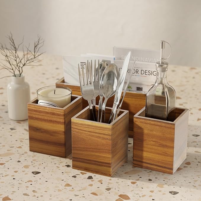 Acacia Silverware Caddy for Parties, Utensil Caddy with Paper Plate Dispenser, 4-Compartment Cutlery Flatware Organizer for Spoons, Forks, Napkins - Black Painted Wood Frame