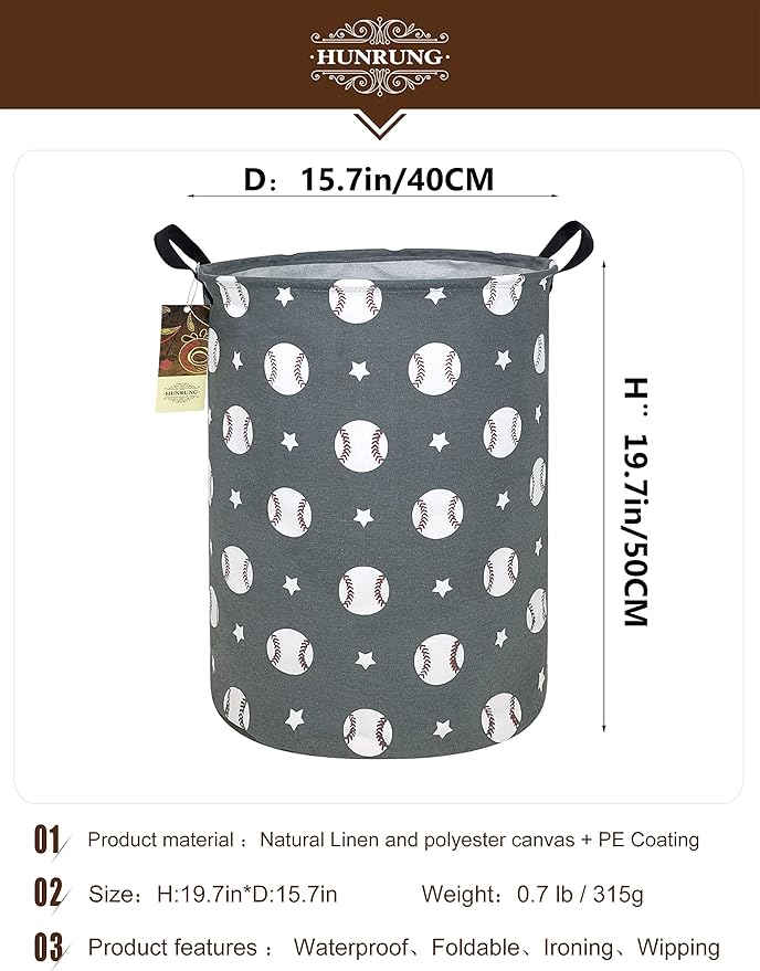 HUNRUNG Collapsible Fabric Storage Basket, Waterproof Laundry Hamper with Handles, Round Storage Bin for Clothes Toys, Foldable Organizer for Bedroom Nursery Bathroom(Round-Grey Baseball)