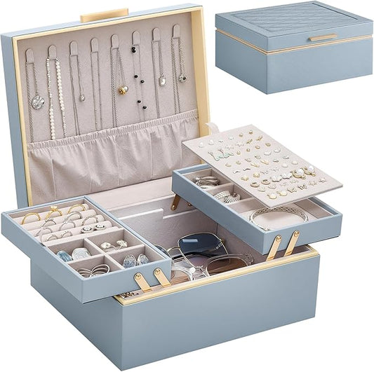 Lolalet Jewelry Box Organizer for Women Girls, 2 Layer Jewelry Organizers and Storage for Necklace Earrings Rings Bracelets, Large Jewellery Holder Case Birthday Mothers Day Gifts -HazeBlue