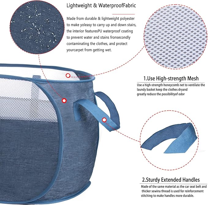 MOOMASS Pop-Up Laundry Basket，collapsible Mesh Laundry Hamper– With Extended Shoulder Straps, Sturdy Handles, and Premium Cationic Fabric (blue)…