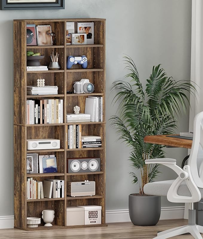 DVD Storage Tower, 16 Shelf Multimedia Storage Tower with Adjustable Shelves 8-Tier CD Cabinet for Living Room Home Office