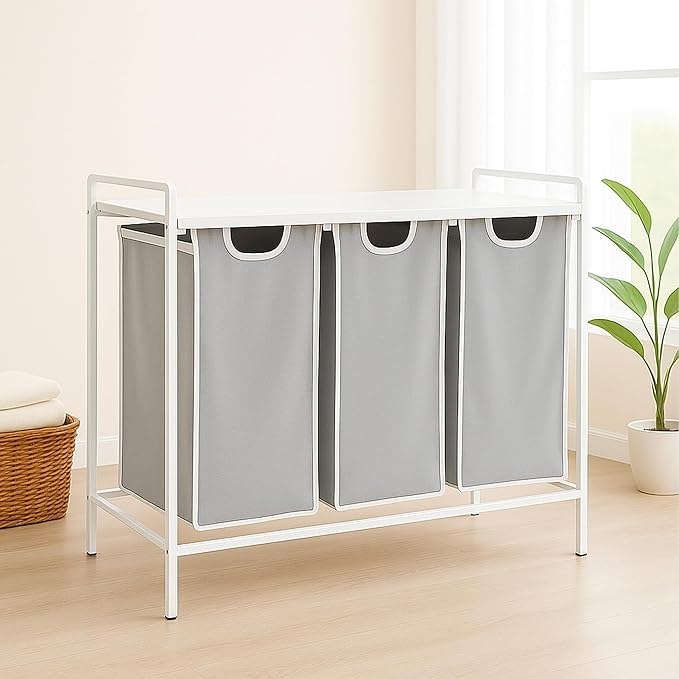 Relaxdays sorter with 3 Removable Bags, with Shelf, HWD: 72x92.5x33 cm, Metal Laundry Basket, White/Grey, Iron, Fibreboard, Polyester, 72 x 92.5 x 33 cm