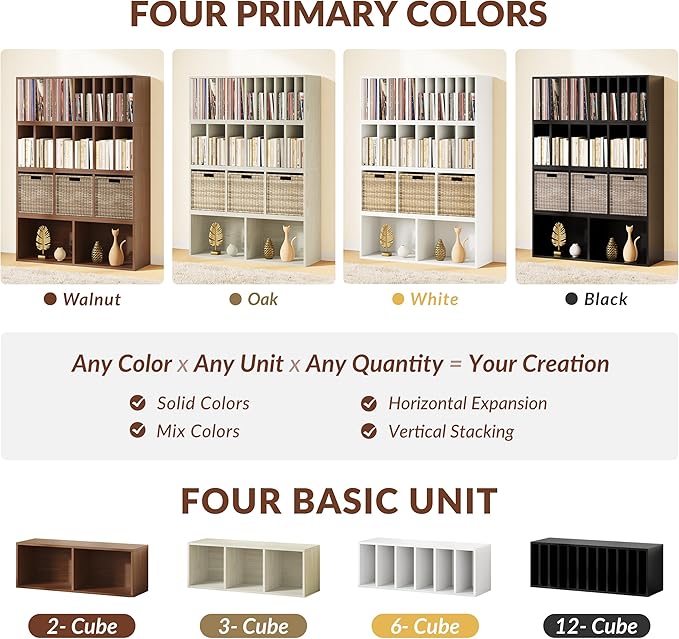 IOTXY DIY Modular Cube Bookcase - CubeXY Customizable Stackable Expandable Combination Set, 23-Cube Open Bookshelf for Books, Fabric Storage Bin, and 7/10-inch Vinyl Record Organizer, Walnut