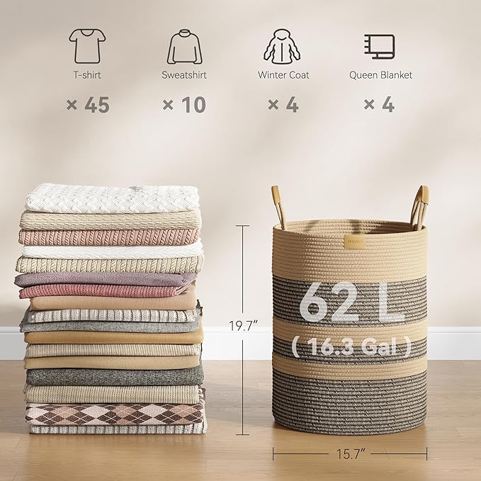 Nunsino 62L Striped Laundry Hamper with Leather Handles,Large Foldable Laundry Basket for Clothes,Cotton Rope Storage Bin for Blankets,Woven Clothes Basket for Bedroom,Dark Brown Stripes