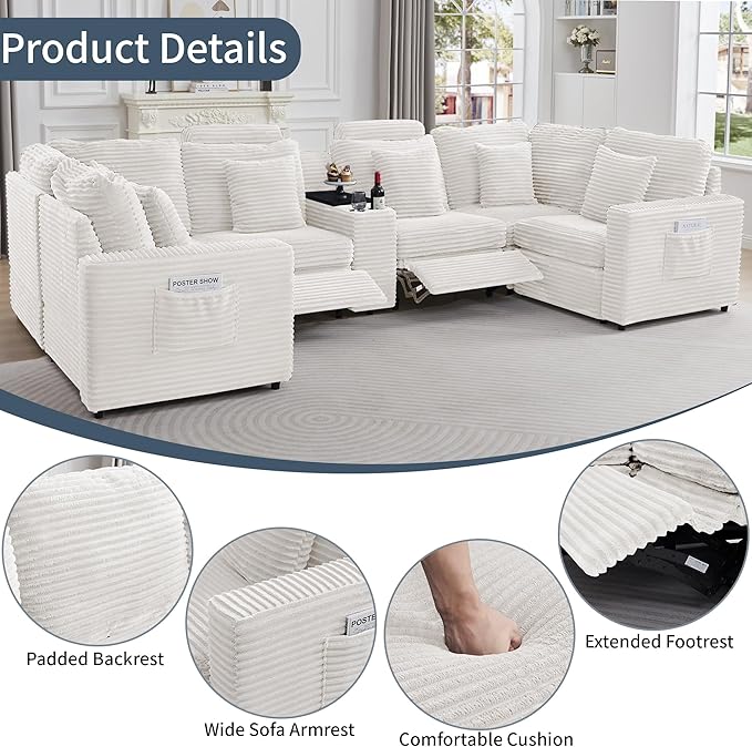 LEVNARY 6-Seat U Shaped Modular Sectional Sofa with Power Recliners, Faux Rabbit Fur Upholstery, Storage Console with Charging Ports & Cup Holders, Living Room Couch Set for Home Office (White)