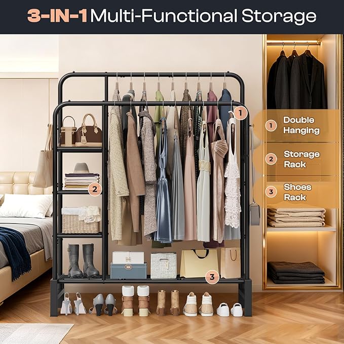 Clothes Rack for Hanging Clothes, Double Rods Clothing Rack with 3 Tier Storage Shelves, Multifunctional Heavy Duty Garment Rack for Bedroom, Laundry, Wardrobe Closet, Black