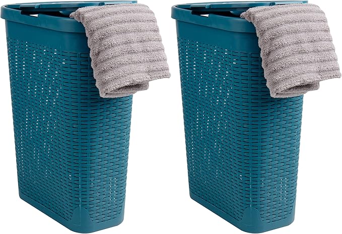 Mind Reader Slim Laundry Hamper with Lid, 40L Clothes Basket, Narrow Tapered Design with Ventilated Cutout Pattern, Plastic, Set of 2, Blue