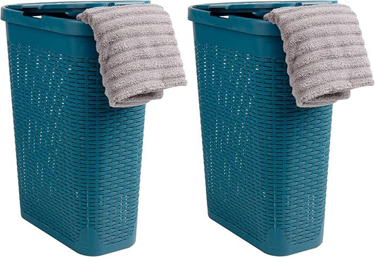Mind Reader Slim Laundry Hamper with Lid, 40L Clothes Basket, Narrow Tapered Design with Ventilated Cutout Pattern, Plastic, Set of 2, Blue