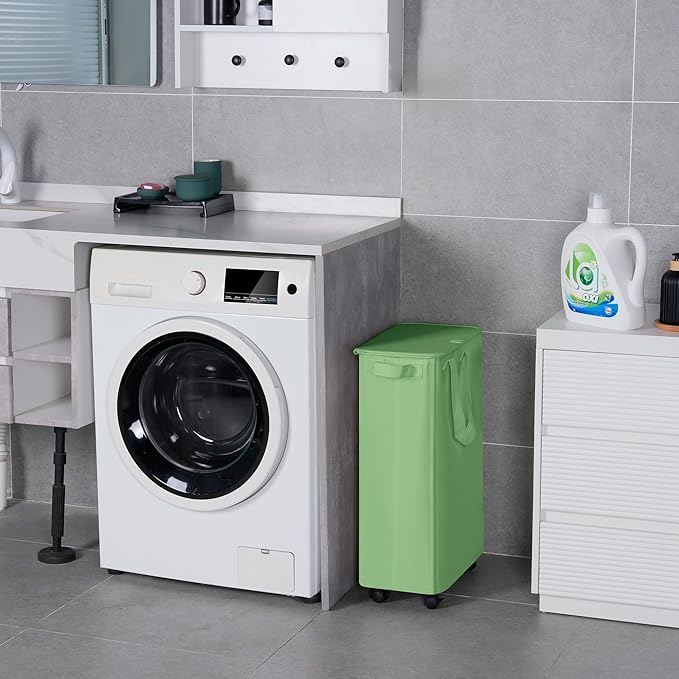 Vincona Slim Laundry Hamper with Lid and Wheels, Small Rolling Laundry Basket with Handle for Small Spaces, Tall Dirty Clothes Hampers for Dorm, Bathroom and Bedroom, 55L, Soga Green