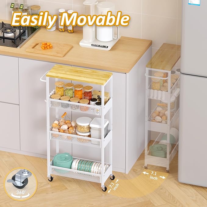 Vincona Slim Storage Cart on Wheels, 4 Tier Metal Narrow Rolling Cart with Handle and Wood Top, Multifunctional Small Mobile Shelf Unit Organizer Trolley for Laundry, Bathroom, Kitchen