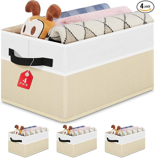 Large Shelf Storage Bins [4 Pack],Decorative Collapsible Storage Basket,Fabric Closet Organizer and Home Storage Cubes with Handles for Organizing Books, Clothes, Toys, Nursery（Beige）