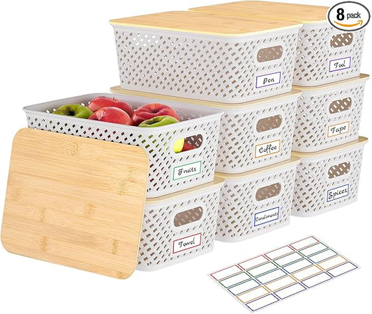 Anysig 8 Packs Plastic Storage Bins with Bamboo Lids - Stackable Storage Bins Decorative Small Basket Containers for Organizing Shelves Office Classroom Desktop Closet, Cream White