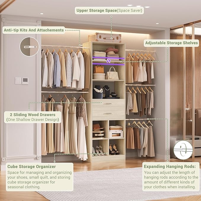 Besiost Closet System, 4-8 FT Closet Organizer Tower with 2 Wooden Drawers and Shelves, Can Fit 60 to 96 inch Walk-in Closet System with 5 Hang Rods, Built-in, Greige Oak