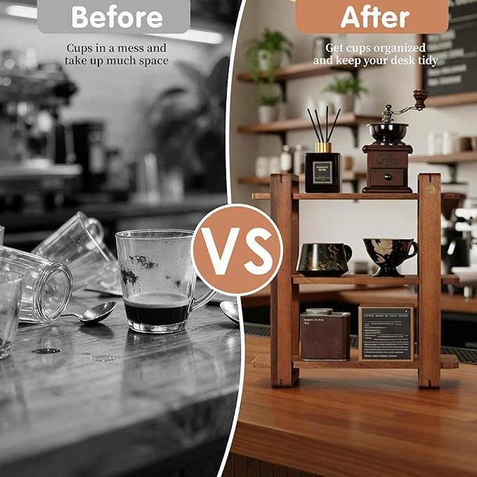 Coffee Station Organizer for Kitchen walnut WoodenCountertop Mug Holder 3 Tier Wooden Cup Organizer Stand Shelf