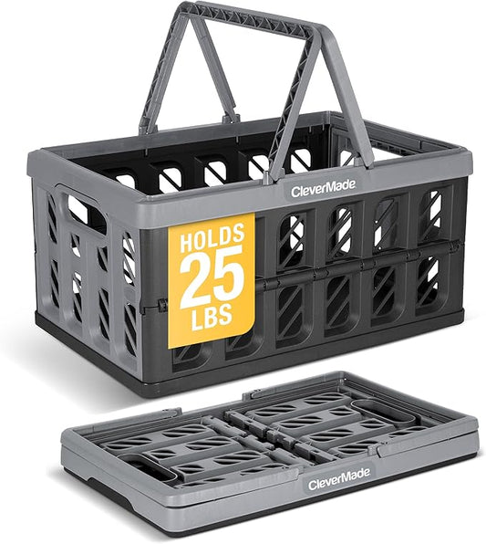 CleverMade Collapsible Shopping Basket with Handles – 24L Collapsible Grocery Tote, Plastic Storage Baskets Fold Flat, Stackable Collapsible Storage Bins for Car & Home - Stone
