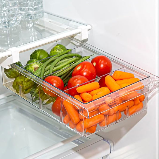 BINO | Pull-out Fridge Organizer | THE HANGER COLLECTION | Fridge Drawer Organizer with 2 Dividers | Clear Pantry Drawer Organizers | Shelf Holder Storage Drawers for Fruits, Veggies & Drinks