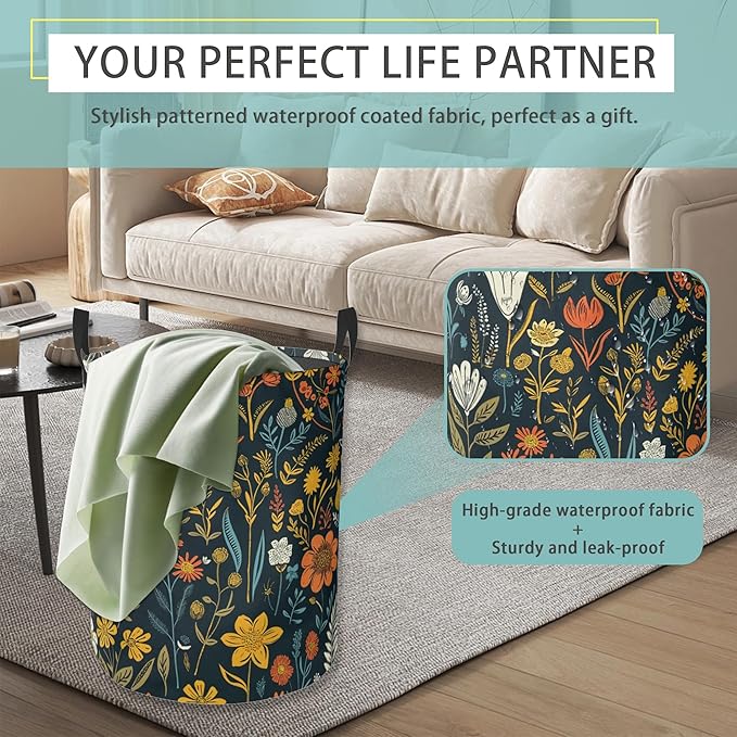 Wildflowers Laundry Basket With Handles Tote Bag Oxford Cloth Funny Laundry Hamper Clothes Storage Bucket Toy Organizer 16" X 20.8"For Bathroom/Laundry/Bedroom