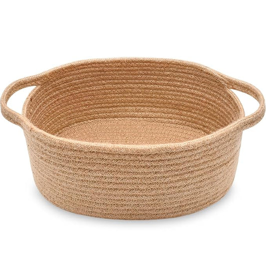 ABenkle Small Basket with Handles, Boho Decorative Rope Woven Dog Cat Toy Storage Bin Shelf Storage Organizer, Easter Christmas Gift Basket, 12"x8"x5"