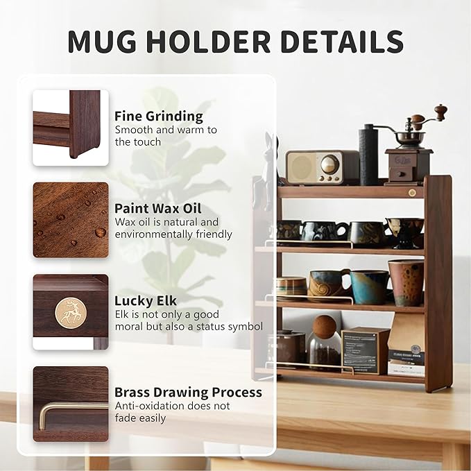 Wooden Cup Holder 4 Tier Walnut Wooden Shelf Organizer Coffee Station Organizer for Kitchen Home