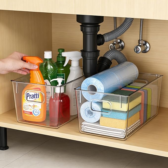 4 PCS Clear Plastic Storage Bins, Mixed Size (2 Large + 2 M) Pantry Organizer Containers with Easy-Grip Handles for Refrigerator, Kitchen, Cabinets, Countertops & Home Organization