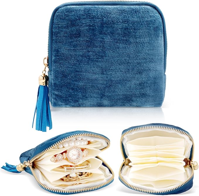 Travel Jewelry Case Small Soft Velvet Organizer Pouch Travel Gifts for Women Storage Bags Mini Jewelry Bag for Gemstones Bracelets Healing Crystal Earring Necklaces Small Pouch Teal Blue