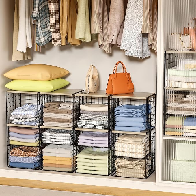2 Pack Closet Organizer System, Extra Tall & Large Capacity Closet Shelves with Adjustable Dividers, 3-Tier Stackable Storage Bins with Wood Top (Up to 6 Tiers), for Clothes Wardrobe Organization