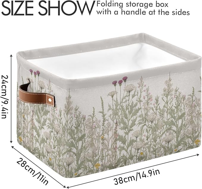 xigua Vintage Colorful Herbs Wild Flowers Floral Storage Basket Collapsible Toy Storage Bins Waterproof Canvas Storage Basket with Leather Handles for Home Closets Offices,Bedrooms,Kids Toy and Gift