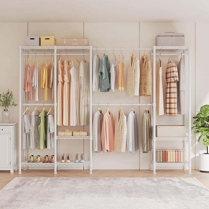 Higeego H7 Pro Heavy Duty Clothes Rack Large Garment Rack for Hanging Clothes, Freestanding Wardrobe Closet with Expandable Hanger Rods, Closet Organizer Storage, (79.1"-96.9") Lx15.7 Wx75.4 H, White