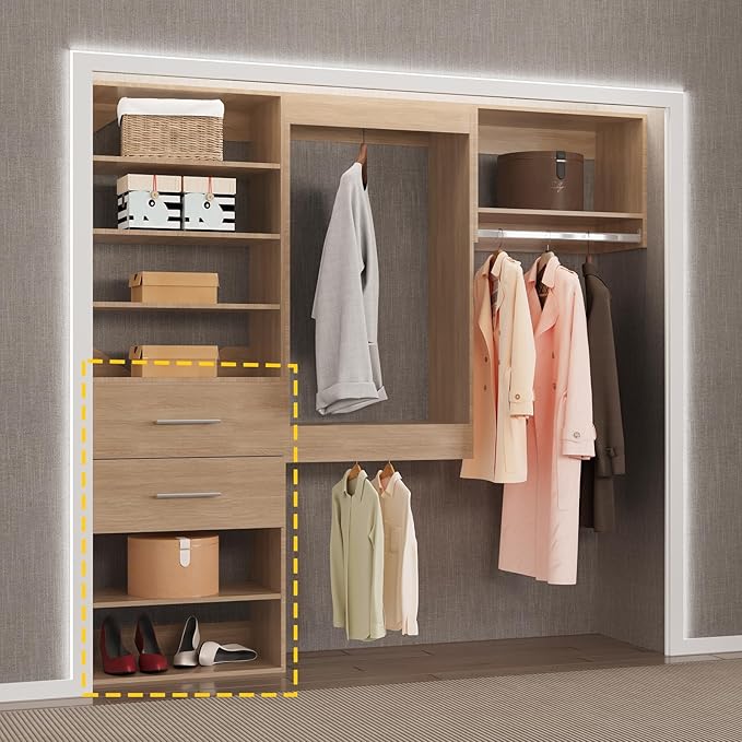 2 Drawer Short Tower Closet Unit, Modular Closet System, Wood Closet System Organizer with Storage for Walk In Closets, Clothing Rack Closet for Hanging Clothes, Bedroom, Wood, 31.5"W