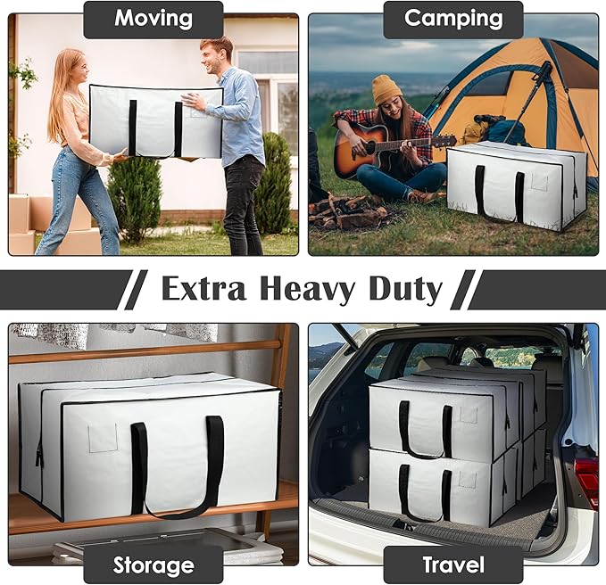 6 Pack Moving Bags with Full-Open Side Zipper, Extra Large 93L Heavy Duty Waterproof Foldable Storage Totes for College Dorm, Moving & Home Organization,White