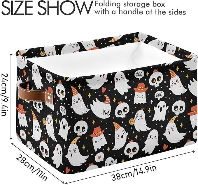 xigua Halloween Ghost Storage Basket Collapsible Storage Bins Waterproof Canvas Storage Basket with Leather Handles for Home Closets Offices,Bedrooms,Gift Baskets,2PCS