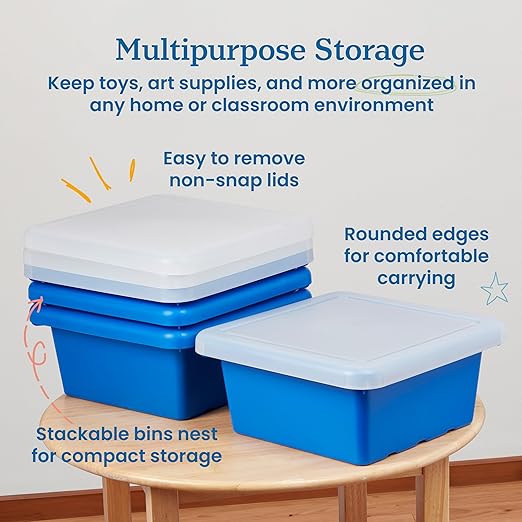 ECR4Kids Stackable Square Bins with Non-Snap Lids, Multipurpose Organization, Blue, 4-Pack