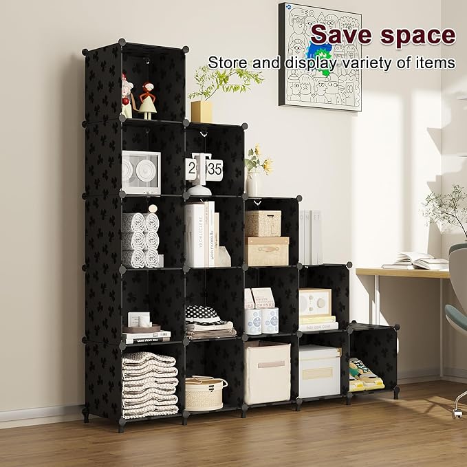 UNKU Cube Storage Organizer, 16 Cube Closet Organizer Storage Shelves, DIY Stackable Bookcase, Clothes Organizer Shelf for Closet, Bedroom, Living Room, Cabinet, Home, Office, Black