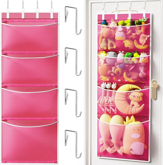 Criusia Over the Door Hanging Organizer, Extra-Large Door Storage Organizer with 4 Deep Mesh Pockets, Space-Saving Hanging Storage for Bedroom & Home Organization, Pink