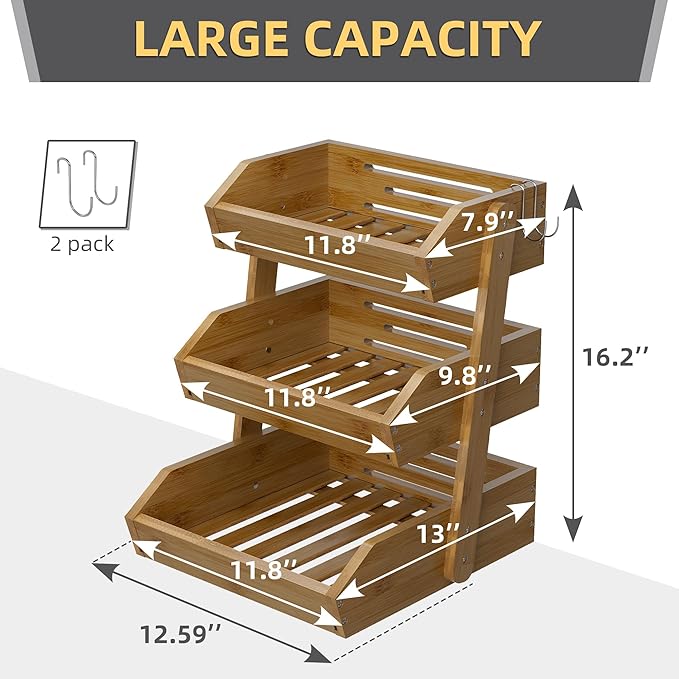 Hellojin 3 Tier Fruit Basket For Counter, Large Capacity Fruit Storage Countertop, Fruit Holder, Wooden Pantry Organizers and Storage, Kitchen Countertop Organizer With 2 Banana Hangers (Walnut)