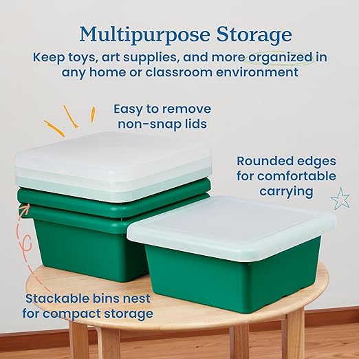 ECR4Kids Stackable Square Bins with Non-Snap Lids, Multipurpose Organization, Green, 4-Pack