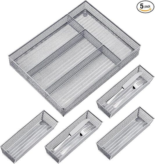 Neudeco Drawer Organizer Set 5 Pack - 4-Compartment Silverware Organizer Tray + 4 Utensil Trays, Kitchen Drawer Organizer for Flatware, Cutlery, Office Supplies, Silver Mesh, Non-Slip,Silver