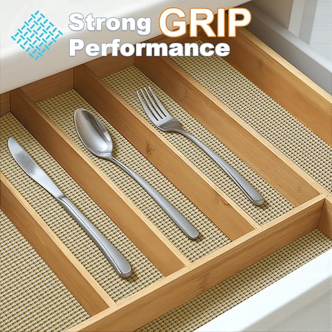 Songrey Non-Adhesive Drawer and Shelf Liner, Non Slip Cabinet Liners, Protect Kitchen Cupboard, Bathroom Drawers, Breathable, Thick Strong Grip mat (20IN x 10FT, Beige)