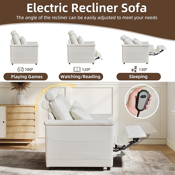 LEVNARY Modular Power Recliner Chair, Faux Leather Upholstered Single Seat with Electric Lift Function, Compatible with Modular Sofa System (White)