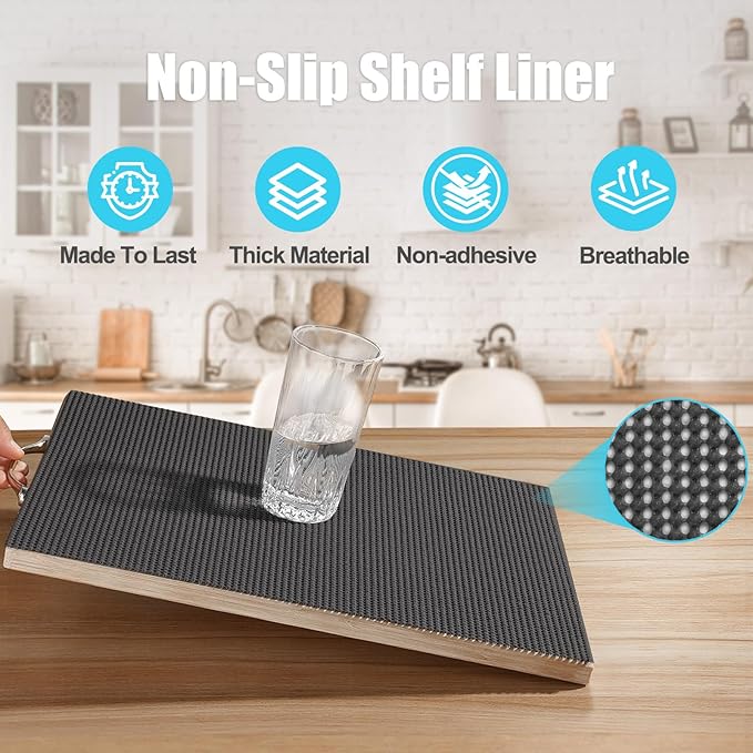 Songrey Non-Adhesive Drawer and Shelf Liner, Non Slip Cabinet Liners, Protect Kitchen Cupboard, Bathroom Drawers, Breathable, Thick Strong Grip mat (17.5IN x 10FT, Black)