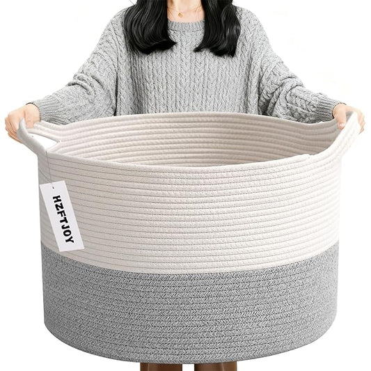 90L Large Blanket Basket,21.7"L x 21.7"W x 13.8"H Rope Woven Baskets with Handles, Toys Storage Bins,Laundry Basket Perfect for Living Room, Nursery,Bedroom,Home Organization,White&Grey