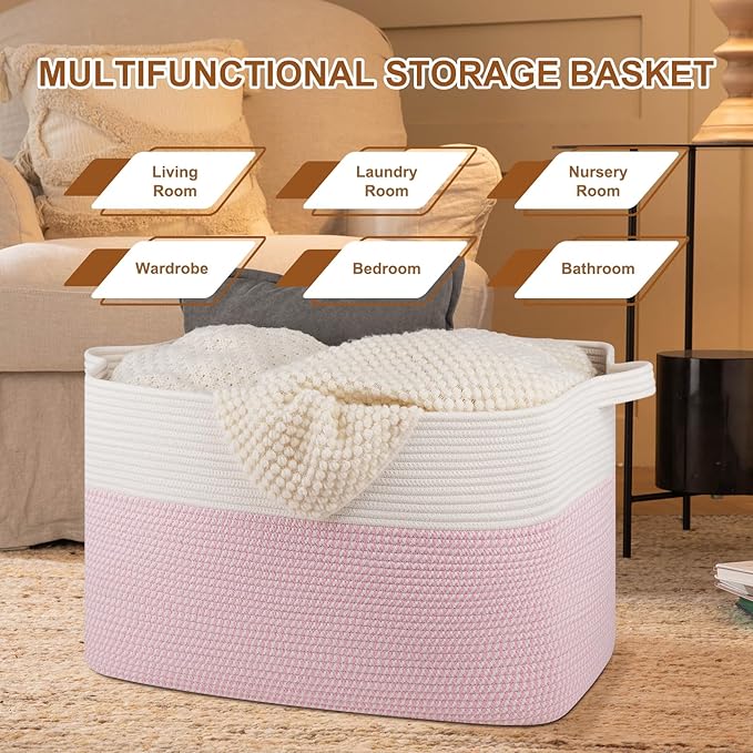 OIASKET XXXL Large Blanket Basket, 108L Cotton Rope Storage Basket for Living Room, Supre Large Toy Baskets for Kids, Woven Basket for Clothes, Towels, Pillows, 25" x 16" x 16", Pink and White