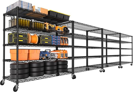 PrimeZone 4 Packs 48" W x 24" D x 81" H Heavy Duty Wire Storage Shelves with Wheels, 5 Tier Adjustable NSF Certified Garage Shelving Unit, Rolling Metal Organizer Shelf Rack for Warehouse, Restaurant